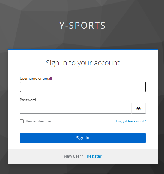 Y-sports login screen