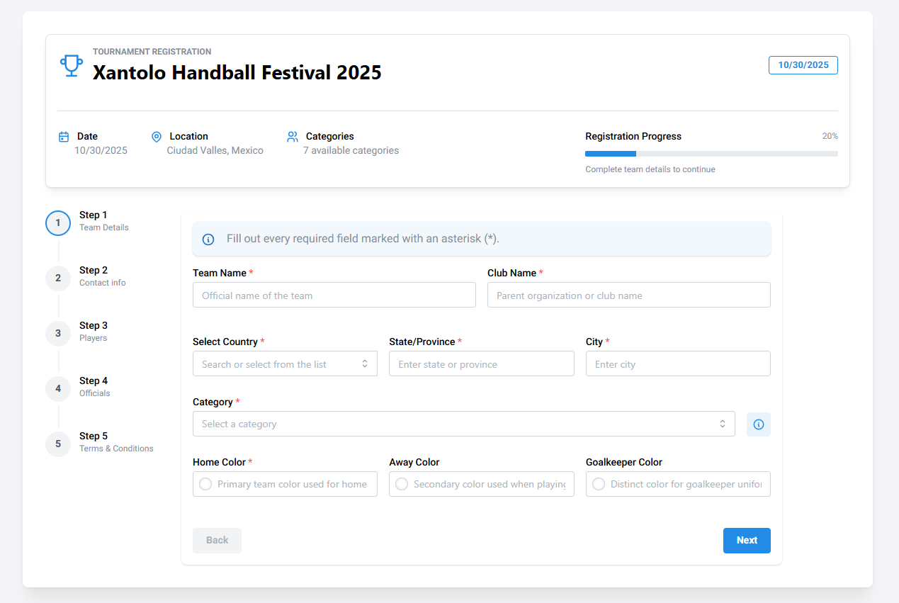 Team registration page